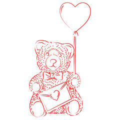 Valentine&rsquo;s Day Teddy Bear With Heart Balloon Line Art