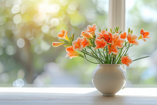 Bukiet frezji w wazonie na parapecie &ndash; pomarańczowe kwiaty w naturalnym świetle, domowa dekoracja i wiosenny klimat.