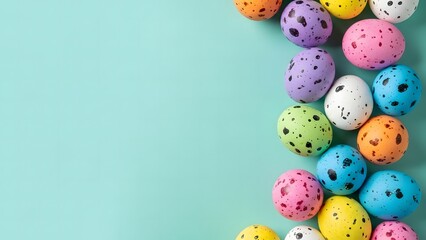 Vibrant easter eggs in pastel colors on a light blue background for spring celebrations
