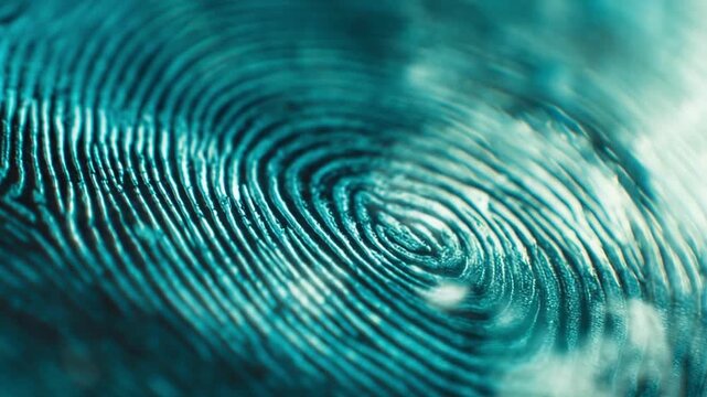 Detailed blue fingerprint close-up with glowing swirls and ridges, macro texture, cyber security theme, digital identity, forensic pattern