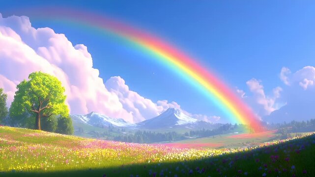 A vivid, digitally rendered landscape featuring a lush meadow dotted with wildflowers and a solitary tree.