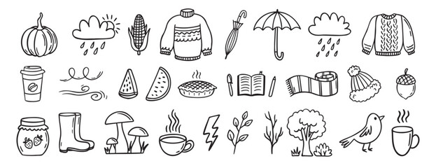 Autumn or nature fall season with falling leaves, umbrella doodle hand drawn icon elements set. Outline drawing autumn or fall line clipart symbol collection