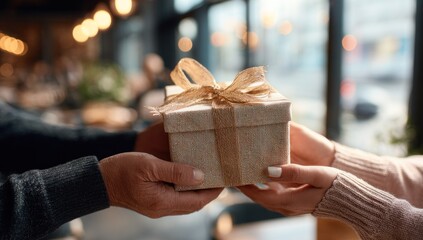 Hands exchanging a small, wrapped present with a golden bow, indoors near a window