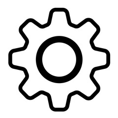 Simple black and white line art illustration of a gear icon representing settings and technology isolated on transparent background