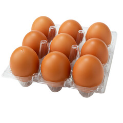 Fresh brown eggs in a transparent plastic carton isolated on black background isolated on transparent background