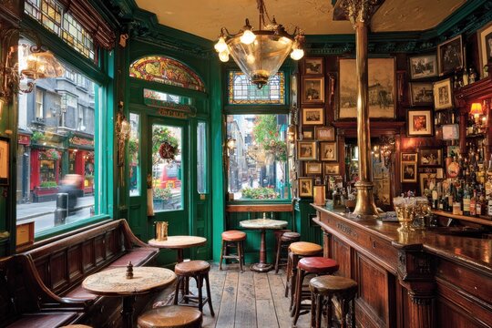Interior shot of a cozy, traditional pub with a bar, tables, and view to the street