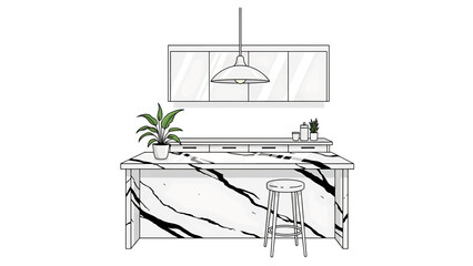 Fototapeta premium A kitchen island with a marble countertop, a stool, a plant and a pendant light, simple graphic illustration