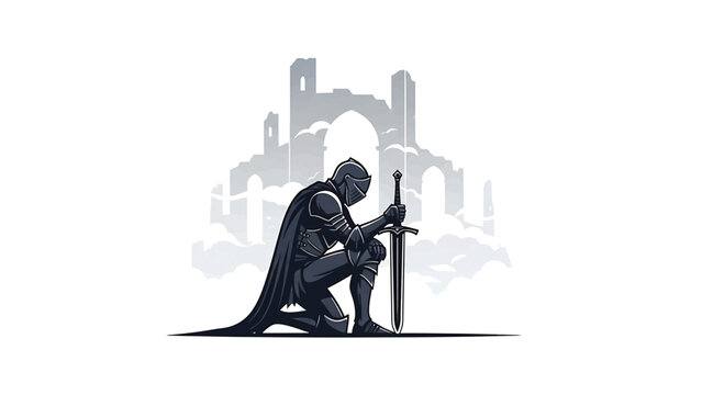A kneeling figure clad in armor, resting a hand on a sword. In the background are cloud formations and a dilapidated structure. The scene is in grayscale
