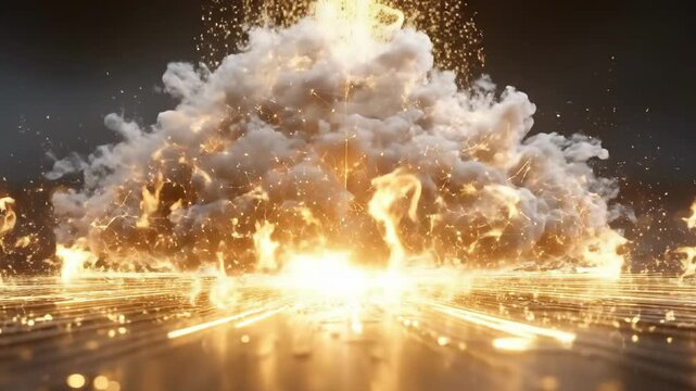 Dramatic glowing cloud formation with fiery orange core and electric blue lightning nodes on dark digital circuit board base, cyber tech abstract