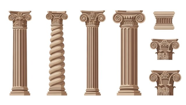 Collection Of Beige Classical Greek And Roman Architectural Columns And Capitals