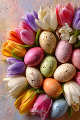 Easter eggs and tulips creating a border on pastel green background
