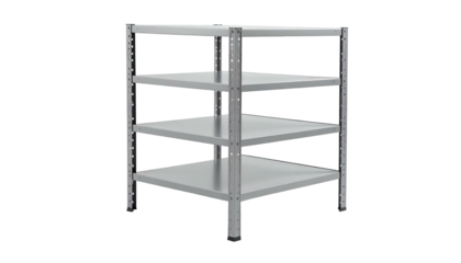 A four-tiered, metallic shelving unit against a black background