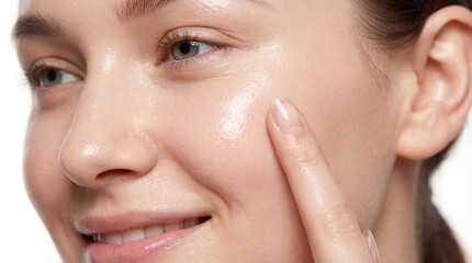 Obraz premium Extreme closeup of happy woman applying serum or moisturizer on radiant, dewy skin, emphasizing hydration, glow, and flawless texture for beauty campaigns.