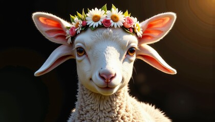 Obraz premium Adorable Lamb Wearing a Colorful Flower Crown in Sunlit Pasture Perfectly Capturing Innocence and Beauty Against Dark Background