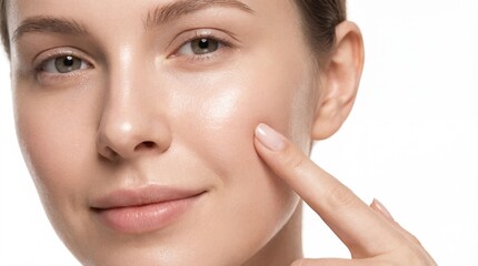 Obraz premium Close-up Portrait of Young Woman with Natural Makeup and Healthy, Glowing Skin. She Gently Touches Her Smooth Cheek, Illustrating Perfect Hydrated Skin and Beauty Care.