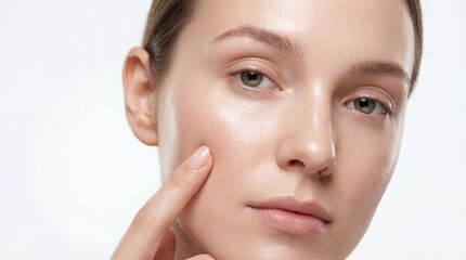 Obraz premium Natural Beauty Close-up: Young woman with glowing, smooth skin gently touches her cheek, emphasizing hydration, healthy texture, flawless complexion, and perfect moisturizer results.