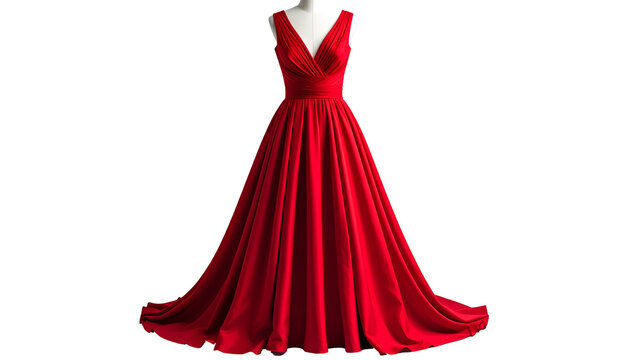 Elegant red gown on a mannequin, with a flowing skirt and a deep v-neck