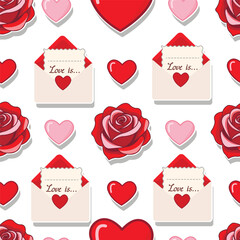 Seamless pattern with red and pink hearts, roses, love letters, flat vector style, white background, minimal shadows,