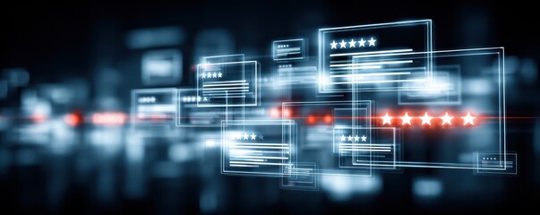 A soft digital canvas of a client posting feedback via smartphone forming a balanced review with a shining rating and gentle satisfaction in the comment