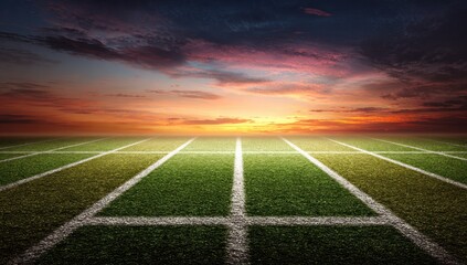 Obraz premium Green field with white lines under a vivid sunset sky. Perspective stretches into the horizon