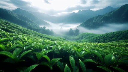 Tea industry. Tea leaves. Plantation. Culture. Aerial view of lush green tea plantation with misty mountains in the background.