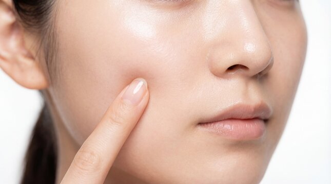 Detailed macro of a young woman's finger gently touching her clean, dewy cheek, emphasizing glowing moisture and perfect natural skin texture.