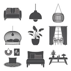Boho living room decor pack with 8 black and white furniture and decor