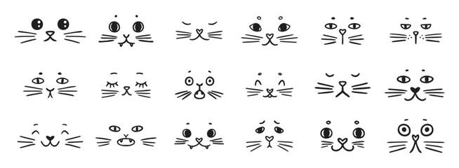 cute funny cat faces doodle hand drawn icon set. Outline drawing cats emotions different mood happy or sad line clipart symbol collection
