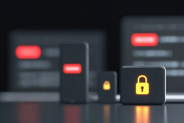 Fototapeta premium High resolution AI technology illustration showing encrypted mobile devices smartphone and laptop under cyber protection
