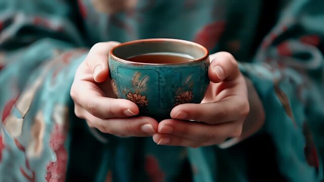 Tea industry. Tea leaves. Plantation. Culture. A closeup image of a person holding a cup of tea. The person is wearing a patterned garment, and the focus is on the hands holding the cup.
