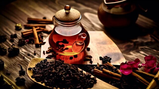 Tea industry. Tea leaves. Plantation. Culture. A closeup shot of a glass teapot with a cork lid, filled with a dark liquid, possibly tea, and surrounded by various spices and herbs.