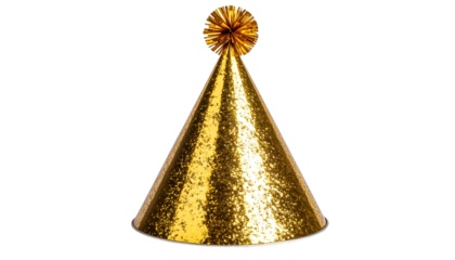 Golden party hat with glitter and pompom, isolated on black background