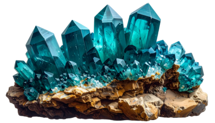 Cluster of vibrant teal crystals growing from a rough, earthy matrix, shimmering in light