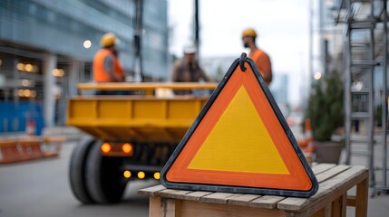 A bright orange and yellow triangular caution sign rests on wooden pallets at a construction site with workers and a truck blurred in the background