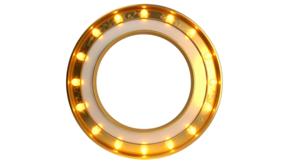 Illuminated circular sign, gold and white, with lights around the edge on a black background