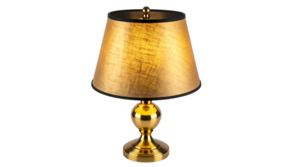 Elegant gold table lamp, featuring a textured shade and orb-shaped base, isolated on black