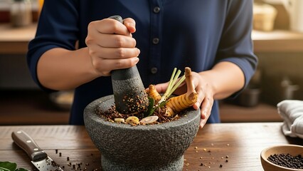 Person preparing herbs in mortar.