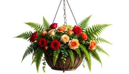 A hanging basket overflowing with roses and greenery; a beautiful floral arrangement