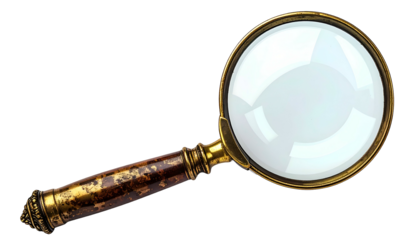 Detailed image of a vintage brass magnifying glass with a decorative handle, clear lens