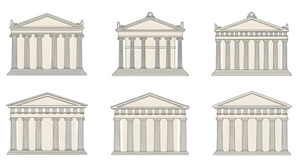 Set Of Six Beige Classical Greek Temple Facades With Columns architecture ancient