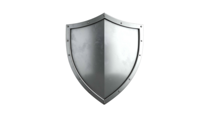 A shiny silver shield, slightly distressed, with a dark background