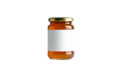 Jar of amber-colored preserve with a blank label and gold lid against a black background