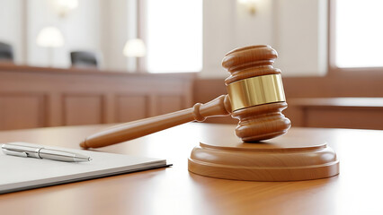  Gavel, pen, and notebook on a wooden table in a courtroom.