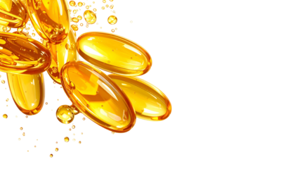 Close-up of golden, transparent softgel capsules and droplets, isolated on black