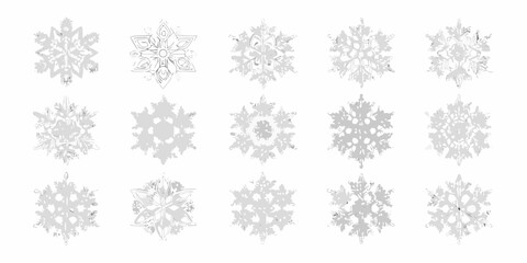 An assortment of delicate detailed snowflake illustrations in grayscale tones