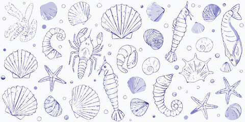 A whimsical collection of hand drawn marine life and seashells in blue tones © Tusar