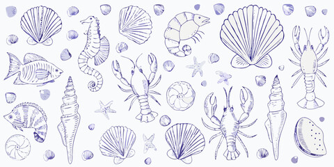 A charming collection of hand drawn marine life and seashells in blue tones © Tusar