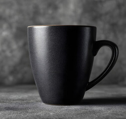 Black Coffee Cup with Strong Shadow on Grey Surface