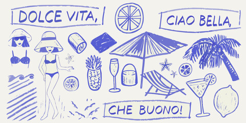 Blue sketch depicting italian summer vacation elements beach fruit and relaxation