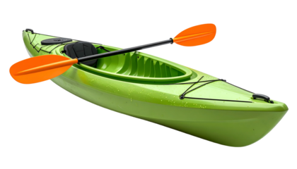 A bright green kayak with an orange paddle, isolated on a transparent background